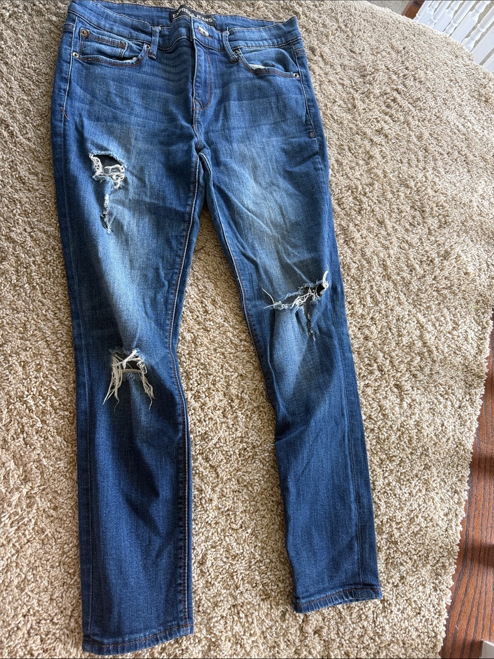 Express Women's Dark Blue Distressed Skinny Jeans